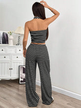 Women's Black & White Ribbed Tube Crop Top And Wide Leg Pants Set